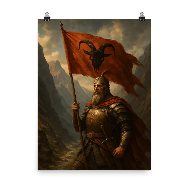 Skanderbeg with goat helmed banner in mountain pass poster on a plain backdrop in size 8