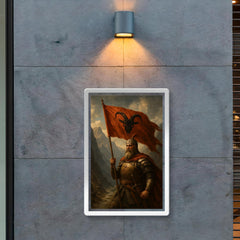 Skanderbeg with goat helmed banner in mountain pass poster 2