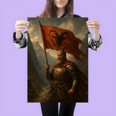 Skanderbeg with goat helmed banner in mountain pass poster 3