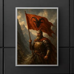 Skanderbeg with goat helmed banner in mountain pass poster 5