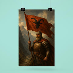 Skanderbeg with goat helmed banner in mountain pass poster 6