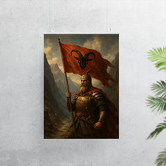 Skanderbeg with goat helmed banner in mountain pass poster 7
