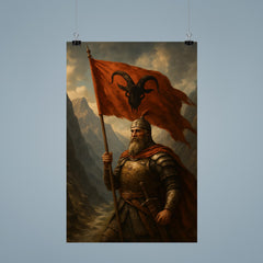 Skanderbeg with goat helmed banner in mountain pass poster 9