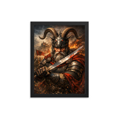 Skanderbeg with goat helmed crest and saber framed print on a plain backdrop in size 12"x16".