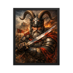 Skanderbeg with goat helmed crest and saber framed print on a plain backdrop in size 16"x20".