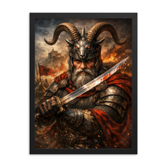 Skanderbeg with goat helmed crest and saber framed print on a plain backdrop in size 18"x24".