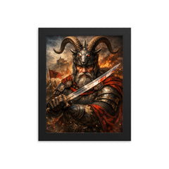 Skanderbeg with goat helmed crest and saber framed print on a plain backdrop in size 8"x10".
