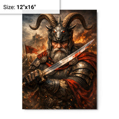 Skanderbeg with goat helmed crest and saber metal print on a plain backdrop in size 12"x16".