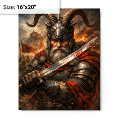 Skanderbeg with goat helmed crest and saber metal print on a plain backdrop in size 16"x20".
