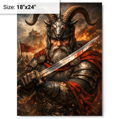 Skanderbeg with goat helmed crest and saber metal print on a plain backdrop in size 18"x24".