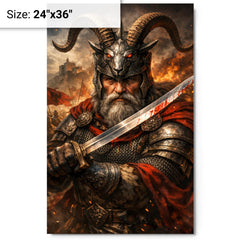 Skanderbeg with goat helmed crest and saber metal print on a plain backdrop in size 24"x36".
