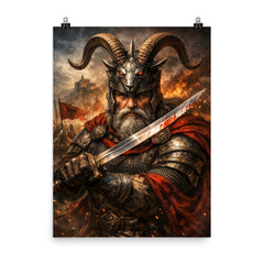 Skanderbeg with goat helmed crest and saber poster on a plain backdrop in size 8"x10".