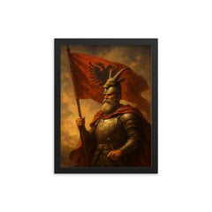 Skanderbeg with goat helmed standard framed print on a plain backdrop in size 12"x16".