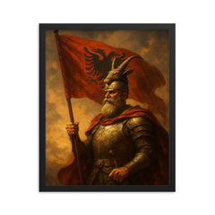 Skanderbeg with goat helmed standard framed print on a plain backdrop in size 16"x20".