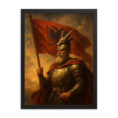 Skanderbeg with goat helmed standard framed print on a plain backdrop in size 18"x24".