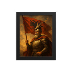 Skanderbeg with goat helmed standard framed print on a plain backdrop in size 8"x10".