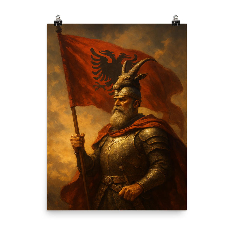 Skanderbeg with goat helmed standard poster on a plain backdrop in size 8