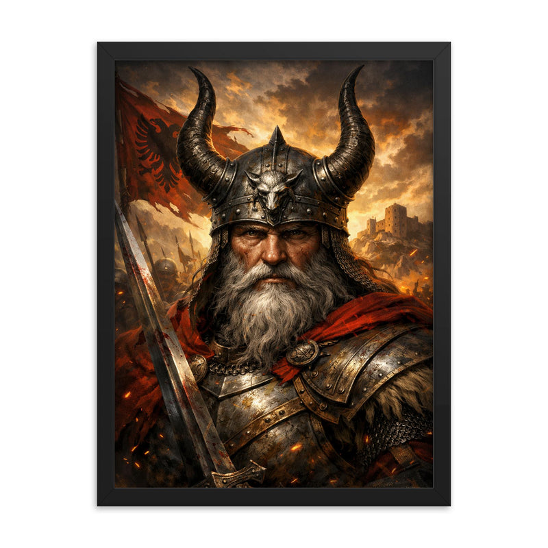 Skanderbeg with horned helmet framed print on a plain backdrop in size 18