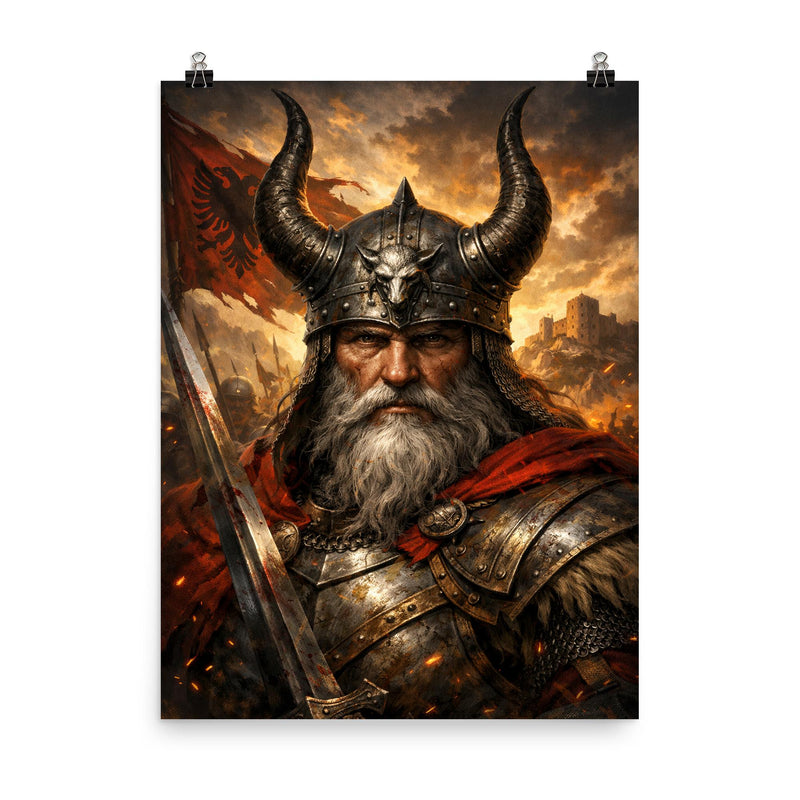 Skanderbeg with horned helmet poster on a plain backdrop in size 8