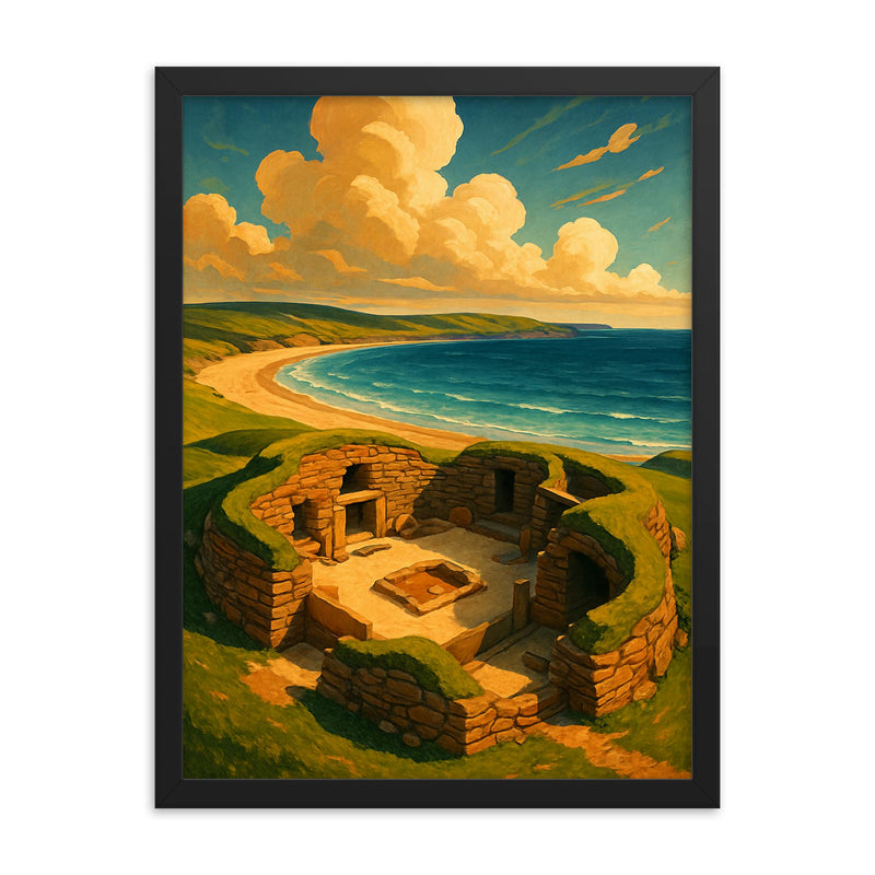 Skara Brae Scotland framed print on a plain backdrop in size 18