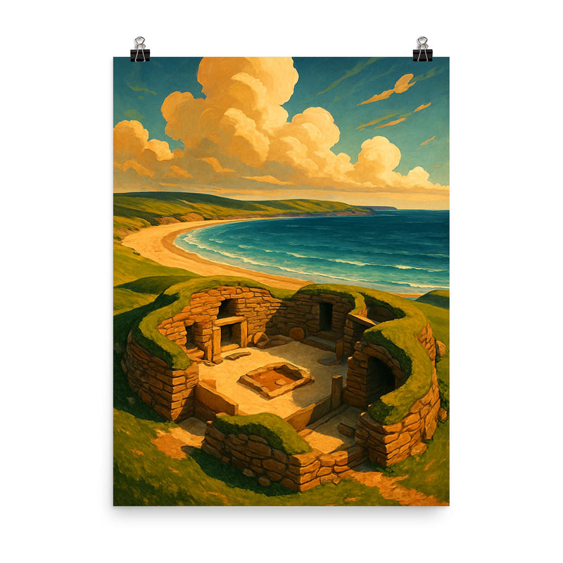 Skara Brae Scotland poster on a plain backdrop in size 8