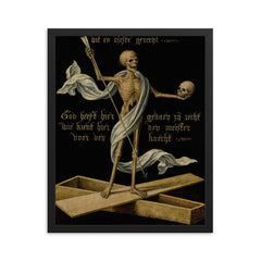 Skeleton Standing on an Open Coffin by the Netherlandish School framed print on a plain backdrop in size 16"x20".