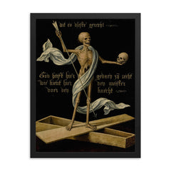Skeleton Standing on an Open Coffin by the Netherlandish School framed print on a plain backdrop in size 18"x24".