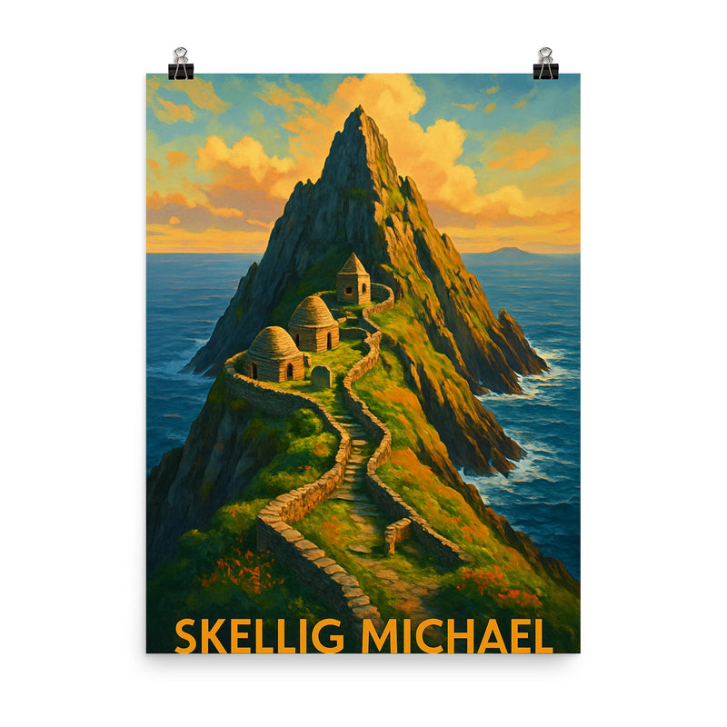 Skellig Michael Ireland poster on a plain backdrop in size 8