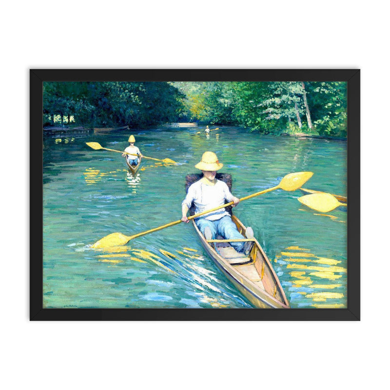 Skiffs by Gustave Caillebotte framed print on a plain backdrop in size 18