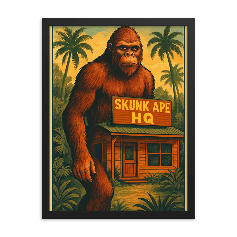 Skunk Ape HQ Ochopee Florida USA framed print on a plain backdrop in size 18