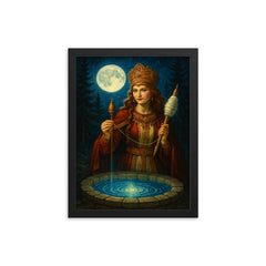 Slavic goddess Mokosh with spindle and moonwell framed print on a plain backdrop in size 12"x16".