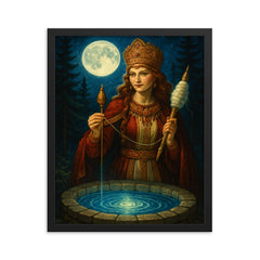 Slavic goddess Mokosh with spindle and moonwell framed print on a plain backdrop in size 16"x20".