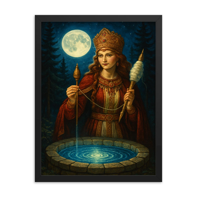 Slavic goddess Mokosh with spindle and moonwell framed print on a plain backdrop in size 18
