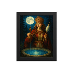 Slavic goddess Mokosh with spindle and moonwell framed print on a plain backdrop in size 8"x10".