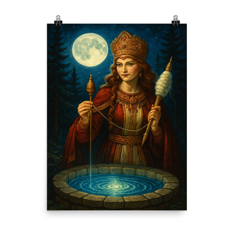 Slavic goddess Mokosh with spindle and moonwell poster on a plain backdrop in size 8