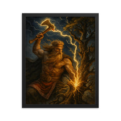 Slavic Perun striking oak with lightning axe framed print on a plain backdrop in size 16"x20".