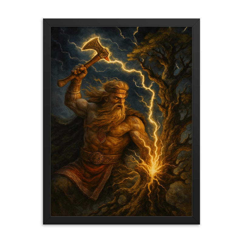 Slavic Perun striking oak with lightning axe framed print on a plain backdrop in size 18