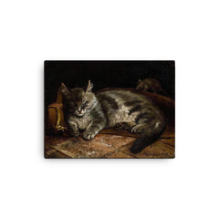 Sleeping Grey Cat and a Rat by Adolf von Becker canvas print on a plain backdrop in size 12"x16".