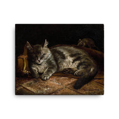 Sleeping Grey Cat and a Rat by Adolf von Becker canvas print on a plain backdrop in size 16"x20".