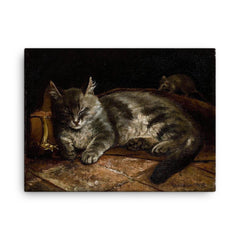 Sleeping Grey Cat and a Rat by Adolf von Becker canvas print on a plain backdrop in size 18"x24".