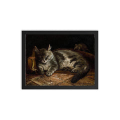 Sleeping Grey Cat and a Rat by Adolf von Becker framed print on a plain backdrop in size 12"x16".