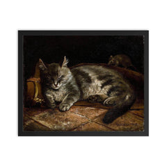 Sleeping Grey Cat and a Rat by Adolf von Becker framed print on a plain backdrop in size 16"x20".