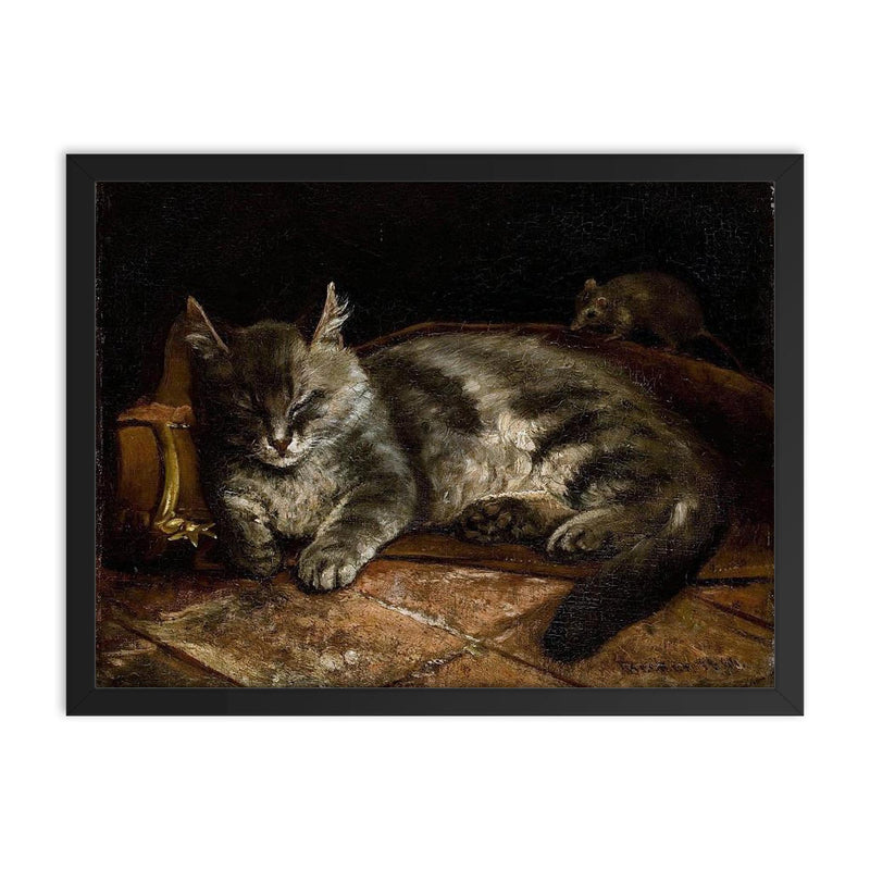 Sleeping Grey Cat and a Rat by Adolf von Becker framed print on a plain backdrop in size 18