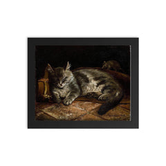 Sleeping Grey Cat and a Rat by Adolf von Becker framed print on a plain backdrop in size 8"x10".