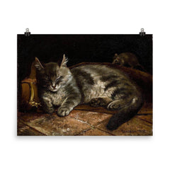 Sleeping Grey Cat and a Rat by Adolf von Becker poster on a plain backdrop in size 8"x10".