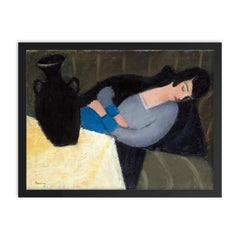 Sleeping Lady With Black Vase by Robert Bereny - Lost Painting framed print on a plain backdrop in size 18"x24".