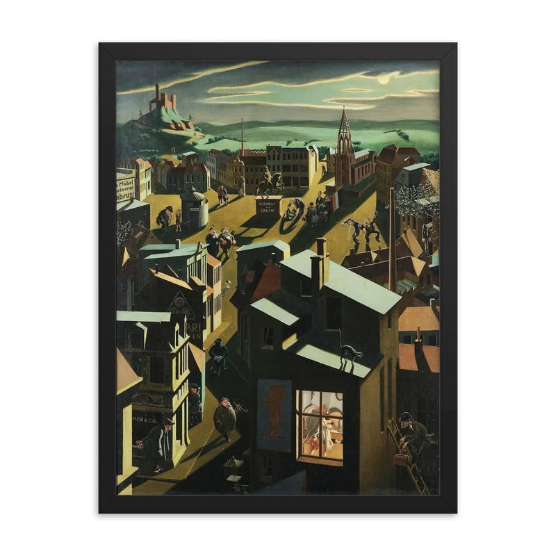 Small German Town at Night by Georg Scholz, 1923 framed print on a plain backdrop in size 18