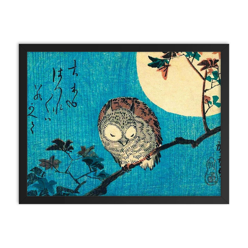 Small Horned Owl on a Maple Branch Under a Full Moon by Utagawa Hiroshige framed print on a plain backdrop in size 18