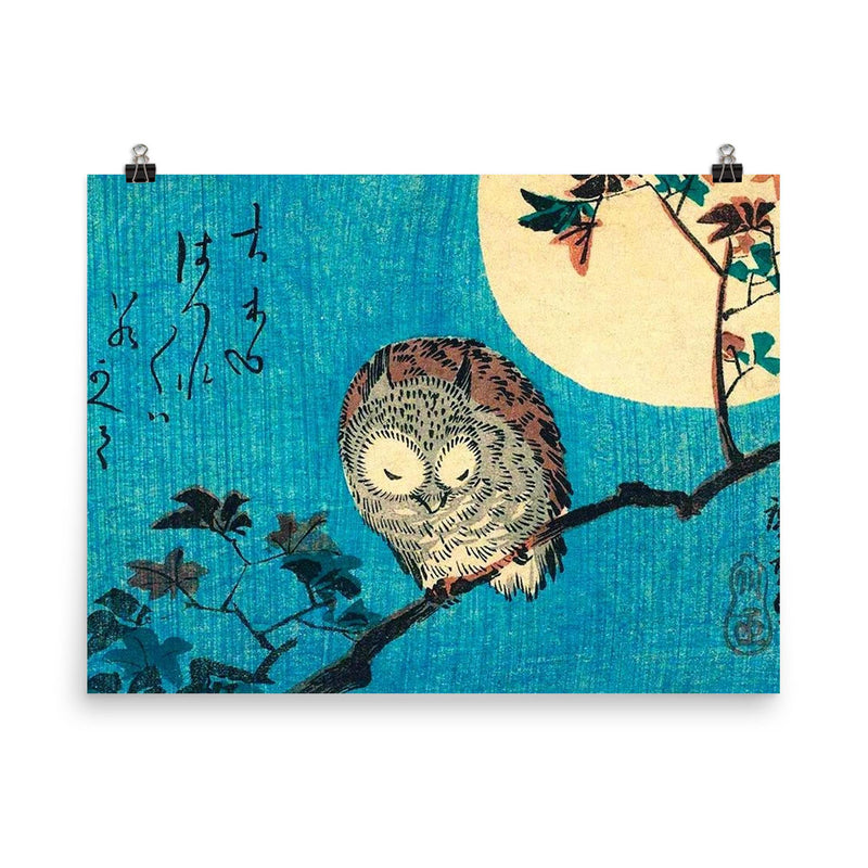 Small Horned Owl on a Maple Branch Under a Full Moon by Utagawa Hiroshige poster on a plain backdrop in size 8