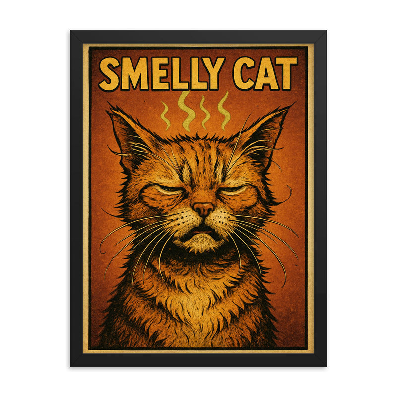 Smelly cat framed print on a plain backdrop in size 18